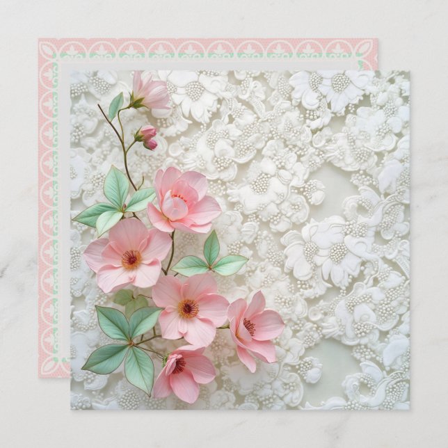 Vow Renewal Pink Blume auf der White Bridal Spitze Einladung (Vorne/Hinten)