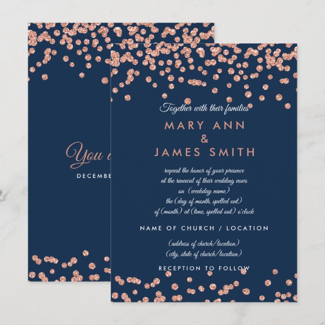 Vow Renewal Rose Gold Imitate Glitzer Confetti Mar Einladung (Vorne/Hinten)