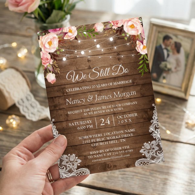 Vow Renewal Rustic Holz String Lights Lace Floral Einladung (Von Creator hochgeladen)
