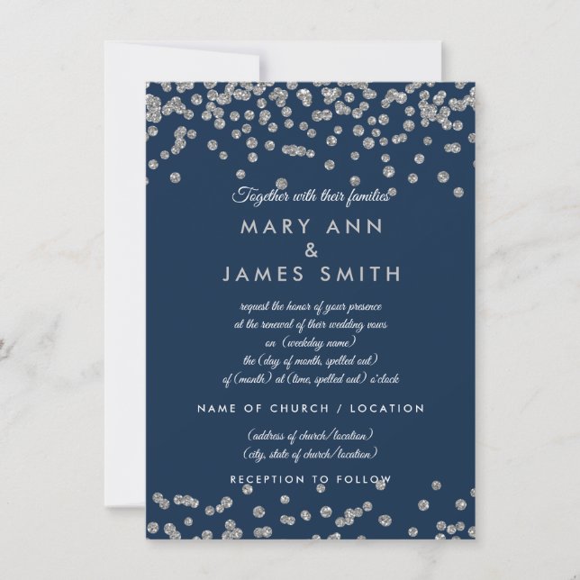 Vow Renewal Silver Imitats Glitzer Confetti Navy B Einladung (Vorderseite)