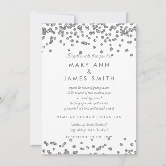 Vow Renewal Silver Imitats Glitzer Confetti White Einladung (Vorderseite)