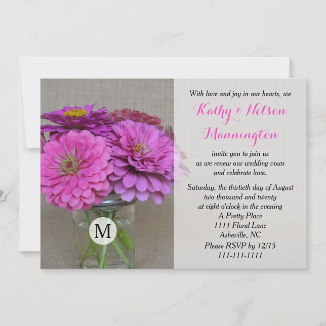 Vow Renewal Zinnias in Masson Jar auf Burlap Einladung (Vorderseite)