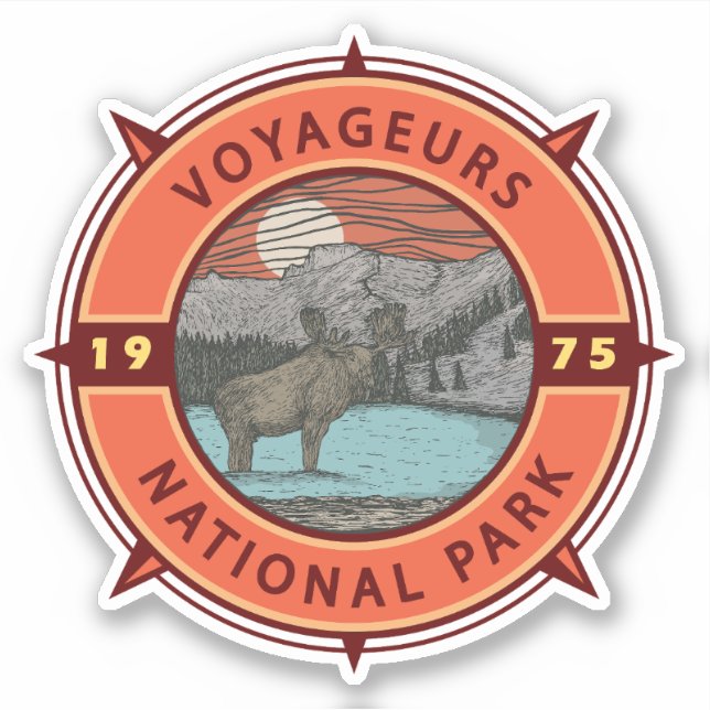Voyageurs Nationalpark Moose Retro Kompass Emblem Aufkleber (Vorderseite)