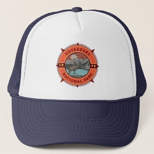Voyageurs Nationalpark Moose Retro Kompass Emblem Truckerkappe (Vorderseite)