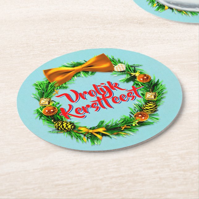 Vrolijk Kerstfeest Niederländisch Frohe Weihnachte Runder Pappuntersetzer (Angewinkelt)