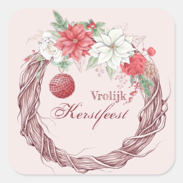 Vrolijk kerstfeest White and Red Poinsettia Quadratischer Aufkleber (Vorderseite)