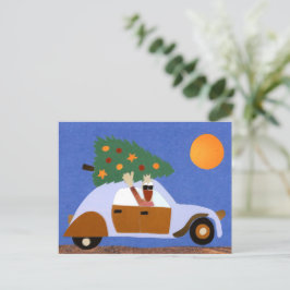 Vrolijk kerstmis eend in auto met kerstboom reizen postkarte
