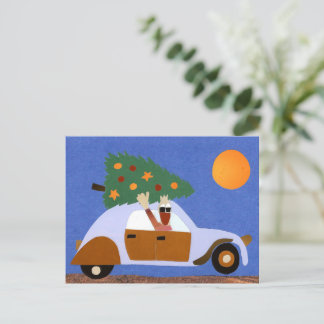 Vrolijk kerstmis eend in auto met kerstboom reizen postkarte