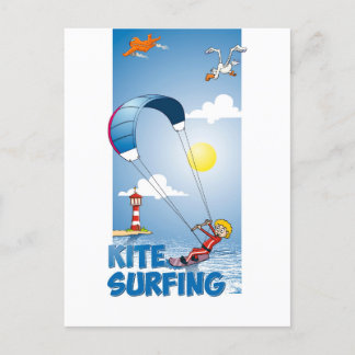 Vrolijke illustratie van een kite surfer postkarte
