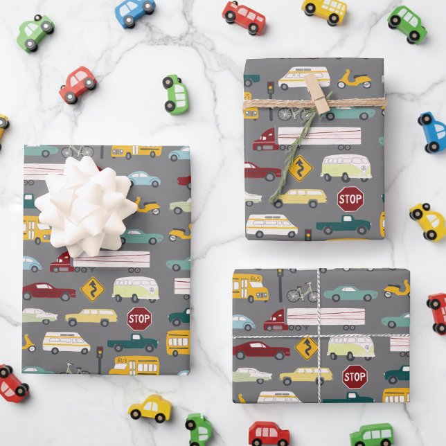 Vroom! Straßenbahnwagen Busfahrrad grau Geschenkpapier Set (Vroom! Traffic Pattern Cars Trucks Bus Bike grey Birthday Kids Wrapping Paper Sheets
)