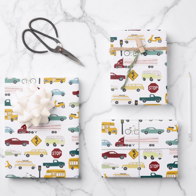 Vroom! Straßenbahnwagen Geschenkpapier Set (Vorderseite)