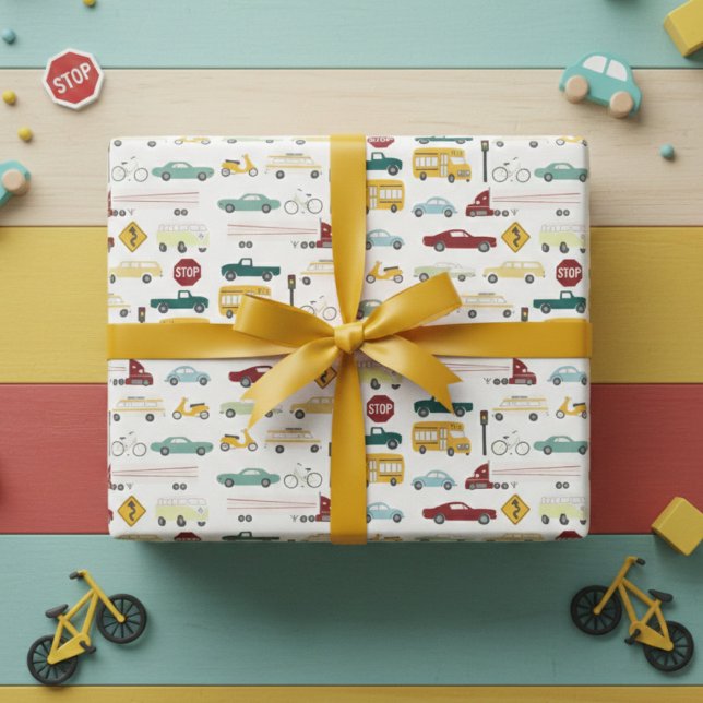 Vroom! Straßenbahnwagen Geschenkpapier Set (Vroom! Traffic Pattern Cars Trucks Bus Bike Birthday Wrapping Paper Sheets
)