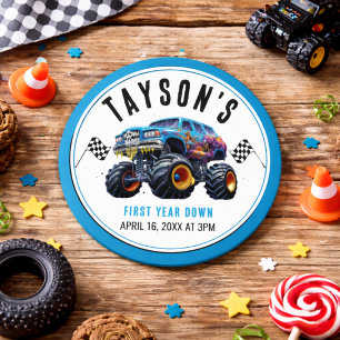 Vroom Zoom Monster Truck Boom   1. Geburtstag Part Runder Aufkleber