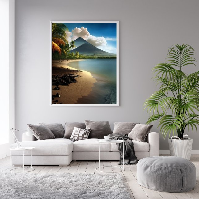 Vulkane, weißer Sandstrand mit Palmen Poster (Von Creator hochgeladen)