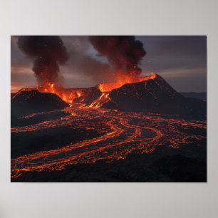Vulkanische Wut: Ausbruch und Fluss bei Dämmerung Poster