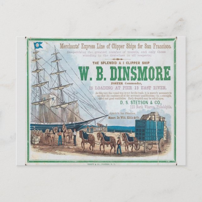 W B Dinsmore Clipper Segelschiff Postkarte (Vorderseite)