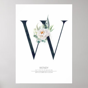 W Buchstabe Monogramm Weiße Blumen und Grün Poster