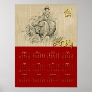 W Büffel Kid Chinesischer Ochse Jahr 2021 Kalender Poster