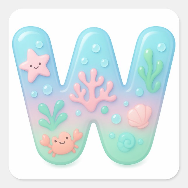 "W" Cute Letter - Underwater Sea Creature  Quadratischer Aufkleber (Vorderseite)