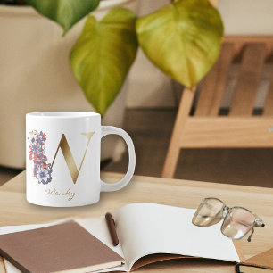 W Letter Gold Monogram Red White Lila Floral Jumbo-Tasse