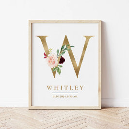 W Letter Monogram Name Marsala Floral Kinderzimmer Poster