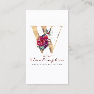 W Monogram Burgund Red Blume und Gold Glitzer Visitenkarte