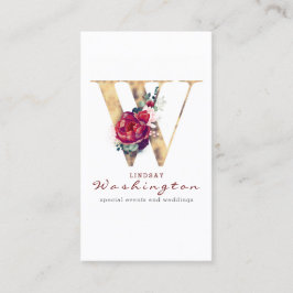 W Monogram Burgundy Red Blume und Gold Glitzer Visitenkarte