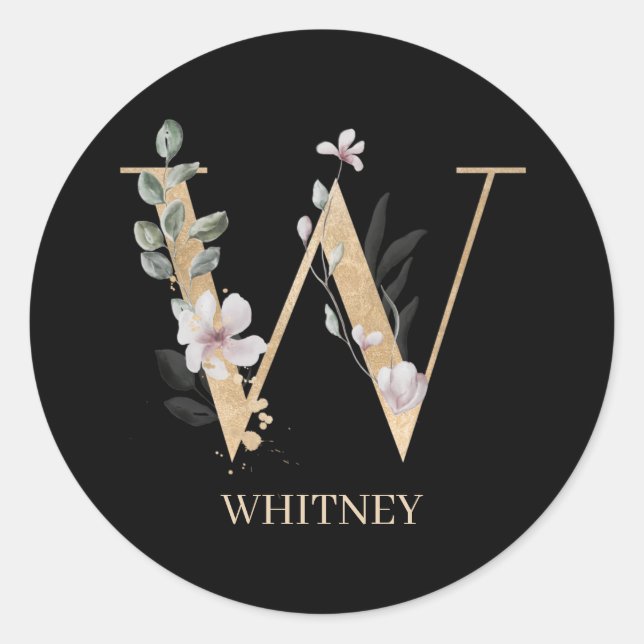 W Monogram Floral Personalisiert Runder Aufkleber (Vorderseite)