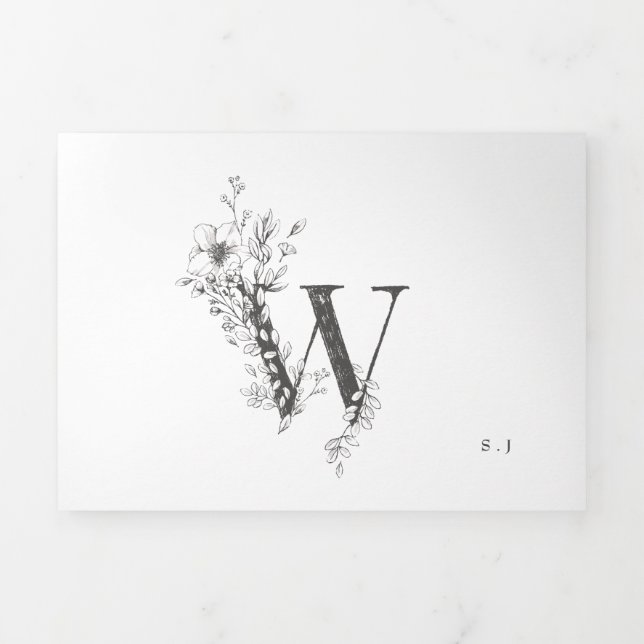'W' Monogram Schöne gezeichnete Blumenhochzeit Dreifach Gefaltete Einladung (Cover)