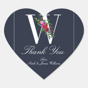 W Monogramm Letzter Initial Moderner Blauer Blumen Herz-Aufkleber
