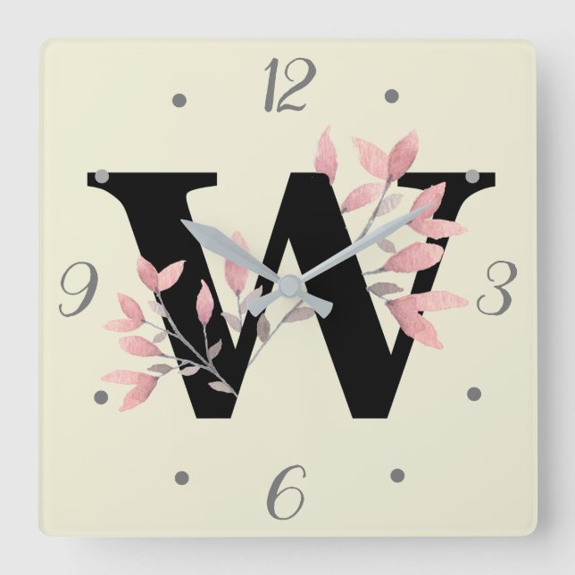 W Monogramm mit rosa Spray Quadratische Wanduhr (Vorderseite)