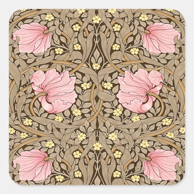 W Morris Pimpernchmuster in Pink & Sepia Quadratischer Aufkleber (Vorderseite)
