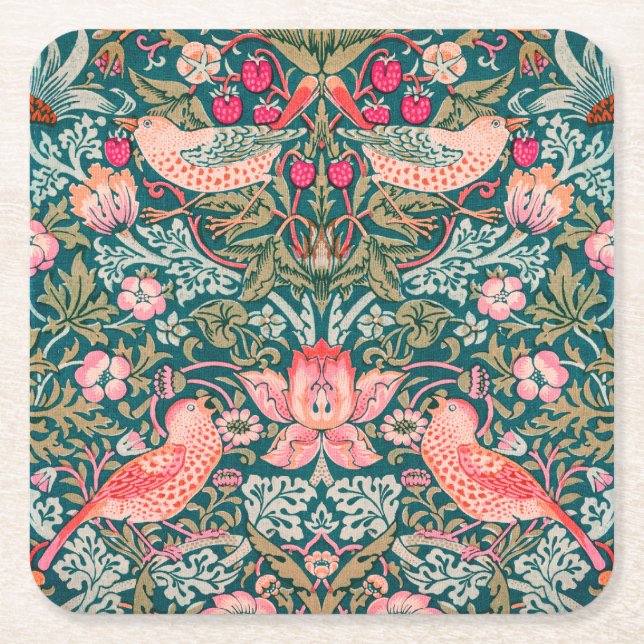 W Morris Pink Strawberry Thief Rechteckiger Pappuntersetzer (Vorderseite)