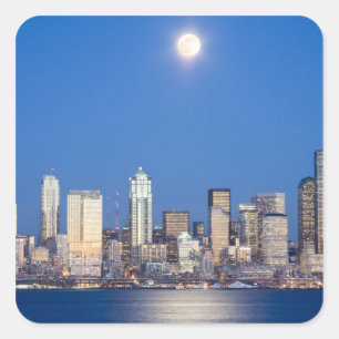 WA, Seattle, Skyline von Seattle und Elliott Bay 3 Quadratischer Aufkleber