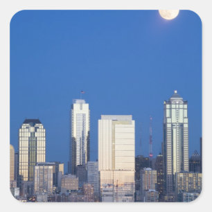 WA, Seattle, Skyline von Seattle und Elliott Bay 4 Quadratischer Aufkleber