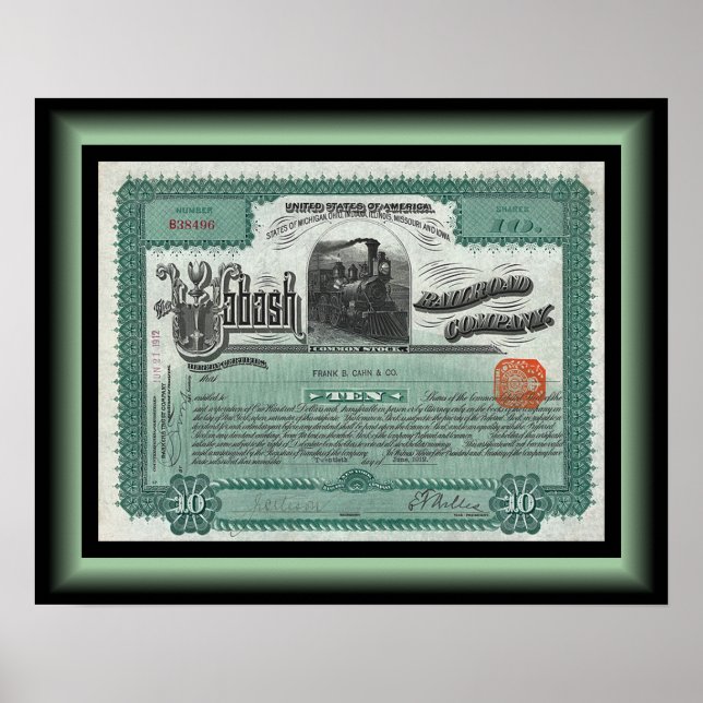 Wabash Railroad Company Stock Certificate ~ 1912 Poster (Vorne)