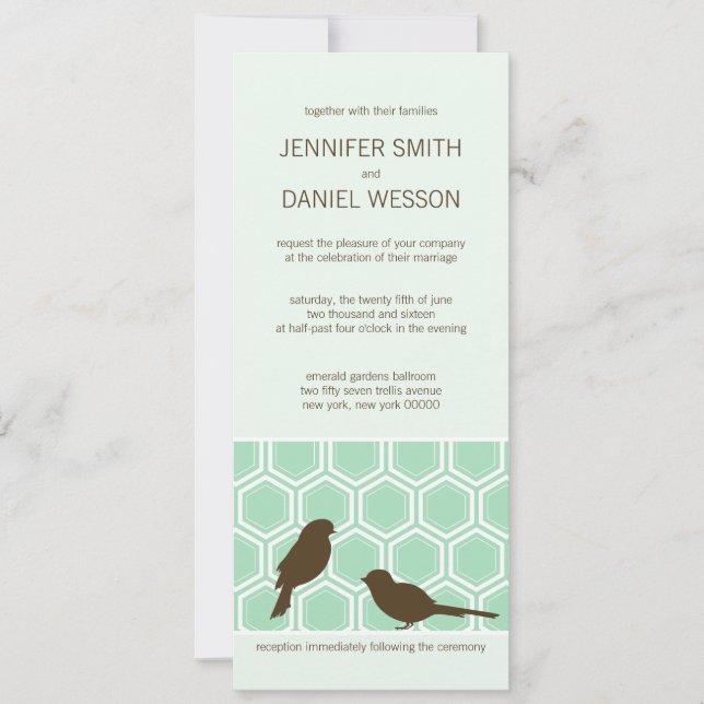 Wabenmuster im Minzgrün mit lieblichen Vögeln Einladung (Vorderseite)