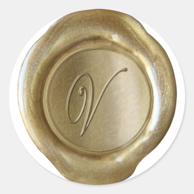 Wachs-Siegel-Monogramm - Gold - Schrift V - Runder Aufkleber (Vorderseite)