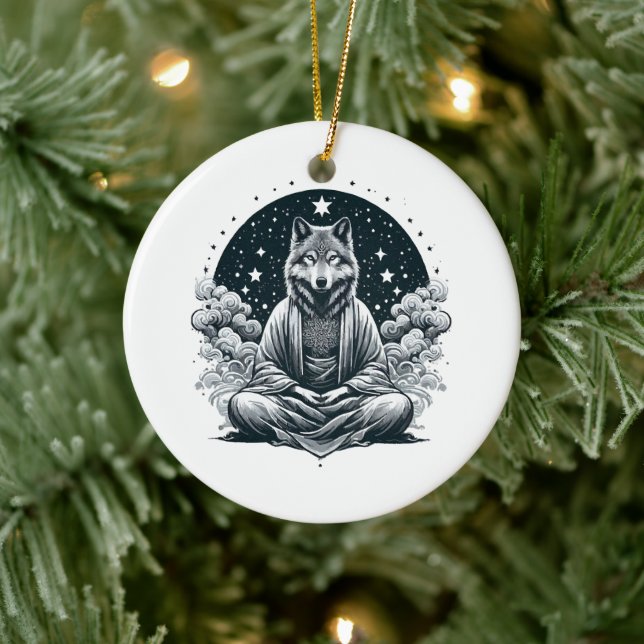 Wachsamer Wolf Keramik Ornament (Baum)