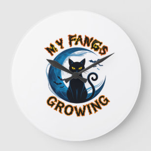 Wachsende Fangzähne Halloween-Schwarze Katze Blaue Große Wanduhr