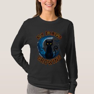 Wachsende Fangzähne Halloween-Schwarze Katze Blaue T-Shirt