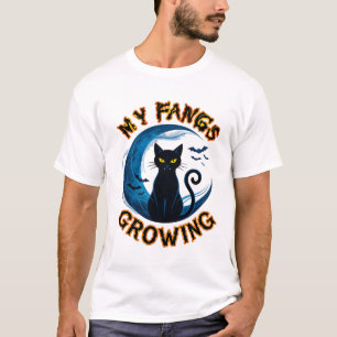 Wachsende Fangzähne Halloween-Schwarze Katze Blaue T-Shirt