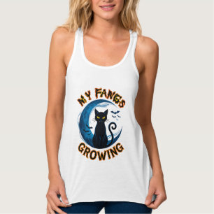 Wachsende Fangzähne Halloween-Schwarze Katze Blaue Tank Top