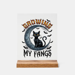 Wachsende Fangzähne schwarze Katze Halbmond Fleder Acrylschild
