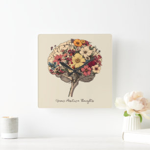 Wachsende positive Gedanken Gehirn Blumenstil T - Quadratische Wanduhr
