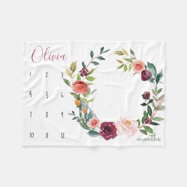 Wachstumstreuer - Milestone boho Aquarellfarben-Bl Fleecedecke (Vorderseite (Horizontal))