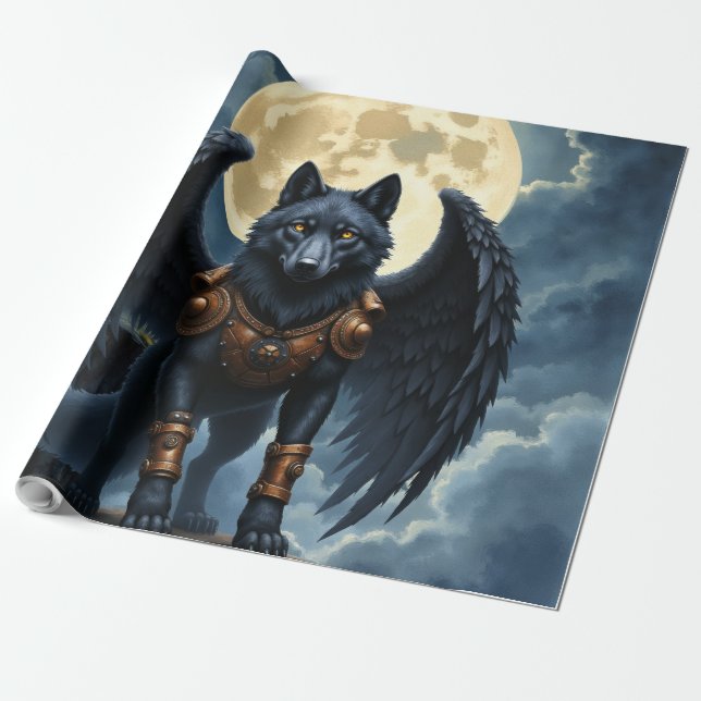 Wächter des Mondes – Der schwarzflügelige Wolf Geschenkpapier (Ungerollt)
