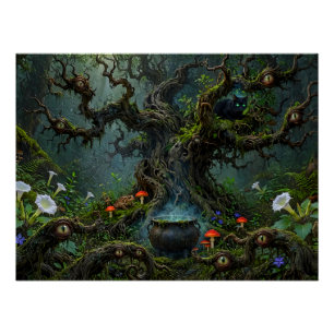 Wächter im Hexenwald Schwarze Katze Kessel Surreal Poster