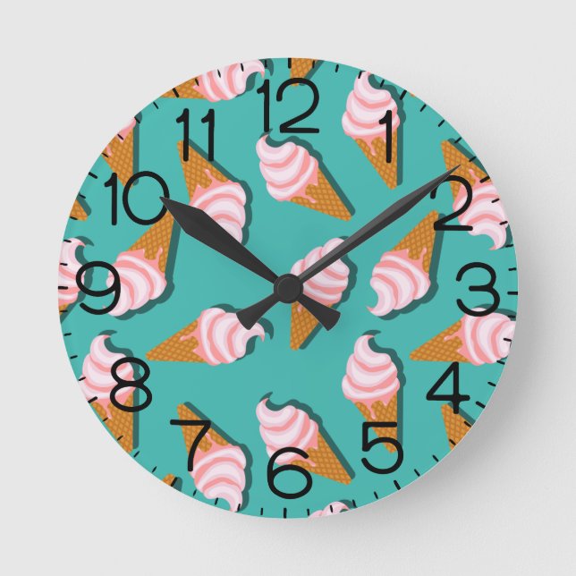 Waffelcones Eis und gefrorenes Jogurt-Muster Runde Wanduhr (Vorderseite)