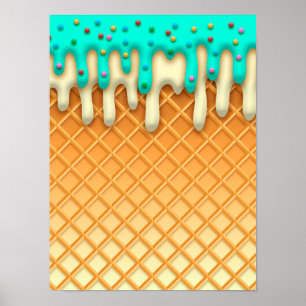 Waffelkone mit Sprinklen aus Eis, Tropfen Poster
